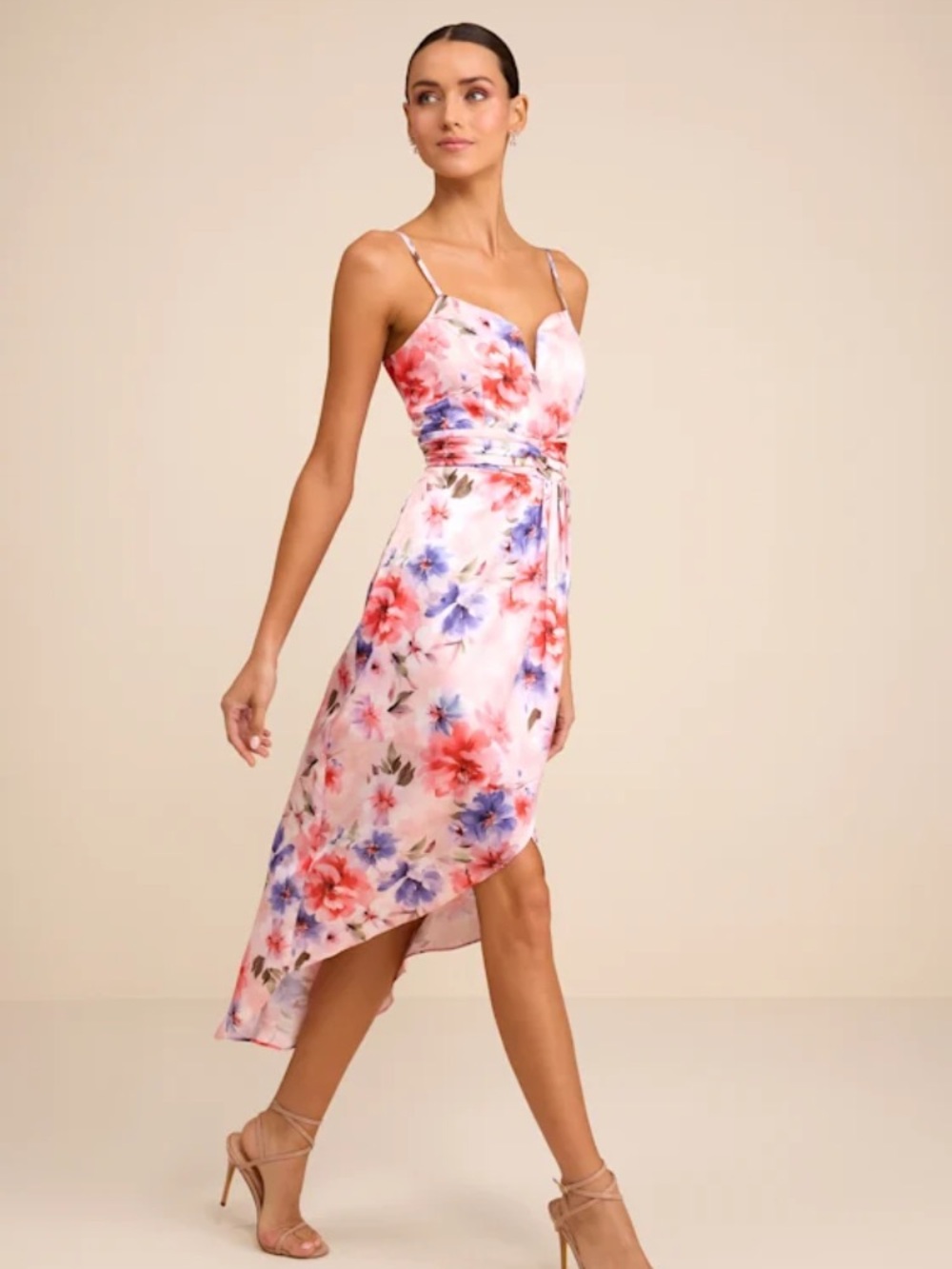 NWT Lulus My Favorite Day Light Pink Floral Print Tulip Skirt Midi Dress size L